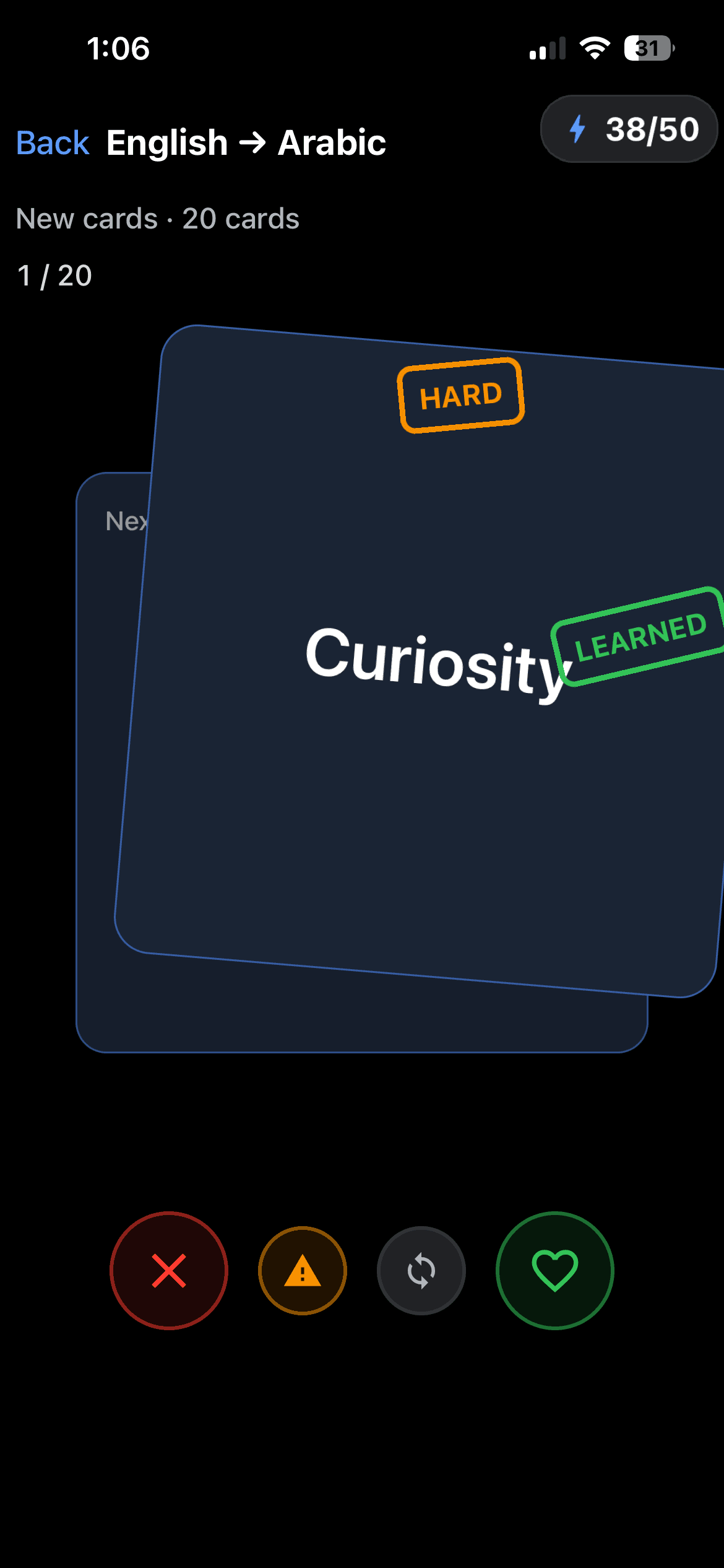 Memoraft flashcard review with Hard and Learned swipe actions